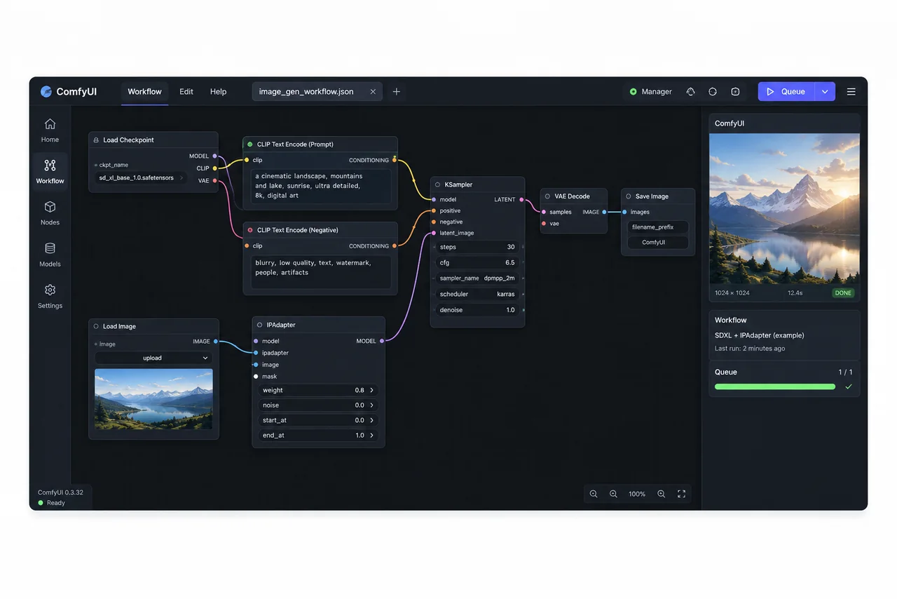 Interfaz de ComfyUI con un workflow de nodos conectado y una imagen generada de vista previa
