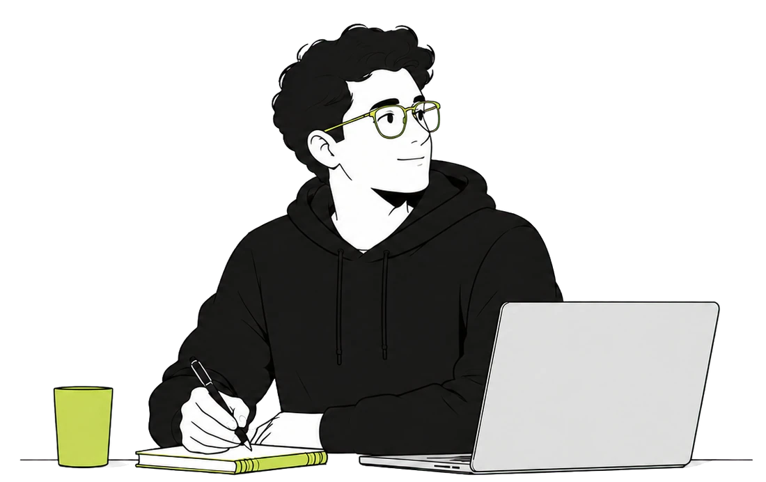 Ilustración de Jayro escribiendo junto a su portátil