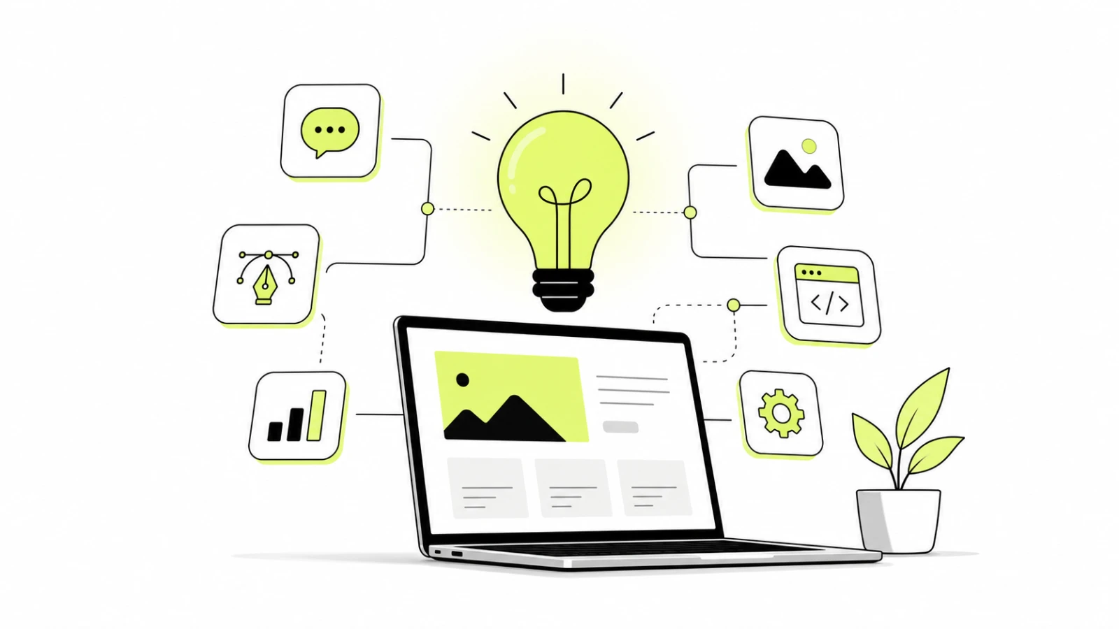 Escritorio con varias herramientas de IA abiertas en pantalla para diseñar una marca y una web