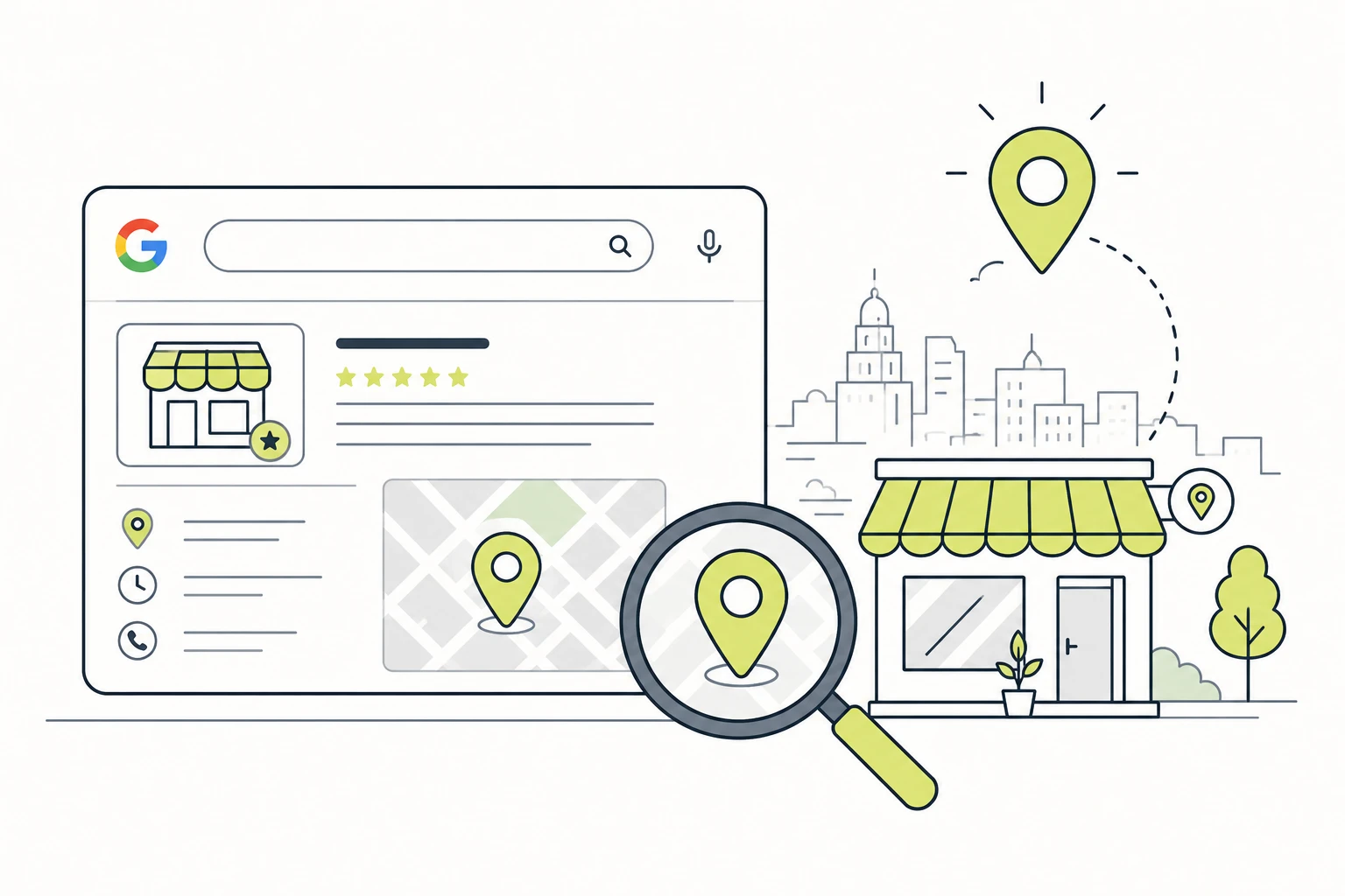 Ficha de Google Business Profile conectada con reseñas, web local y experiencia móvil